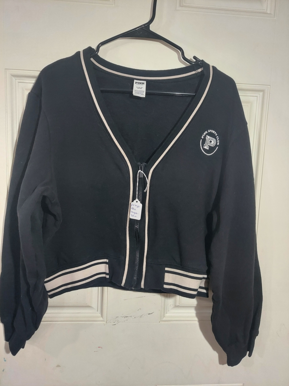 VS PINK Black Ivy Fleece Front Zip Cardigan Sweatshirt Sports Club Varsity Trim